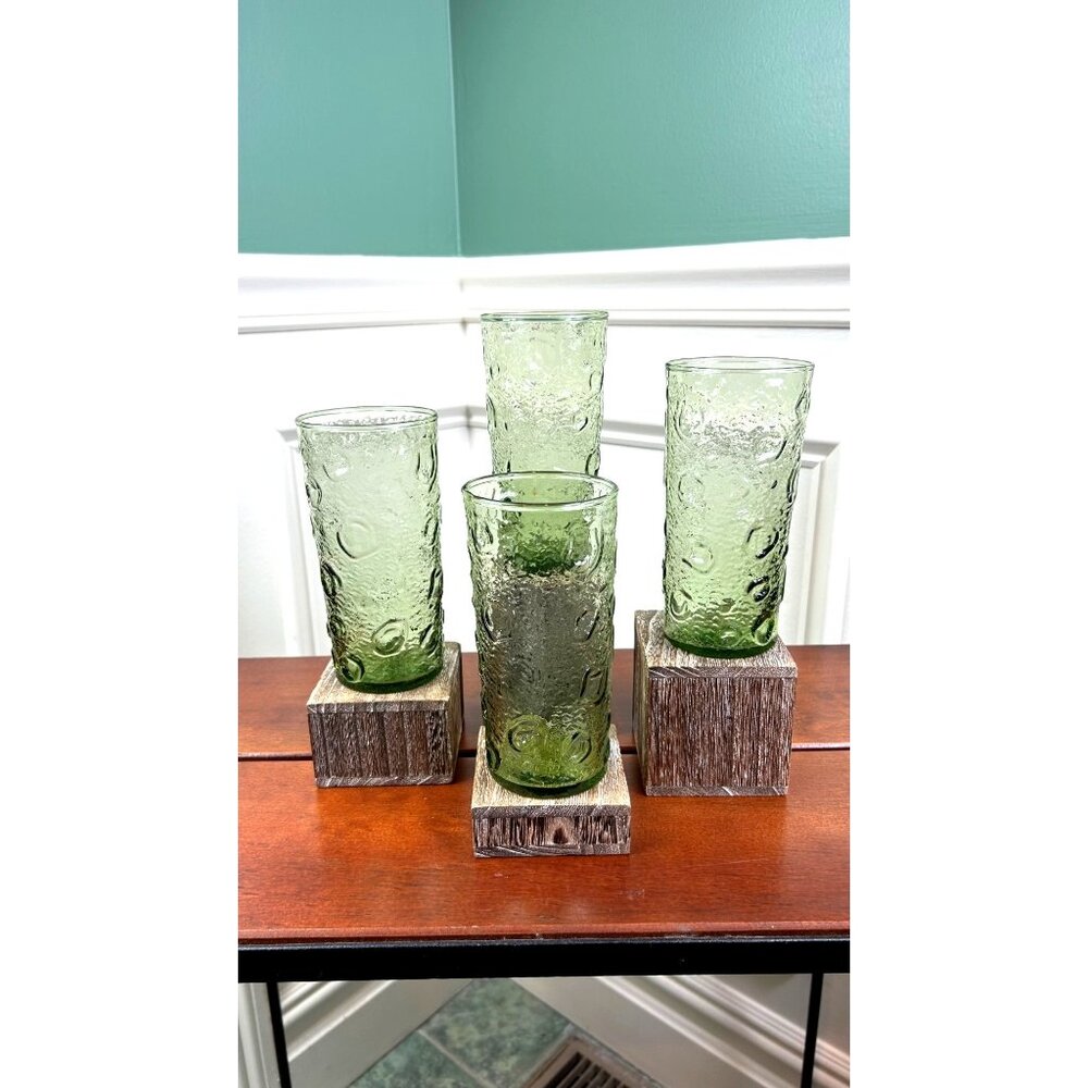 Vintage Anchor Hocking Milano Avocado Bubble Crater Glass Tumblers.